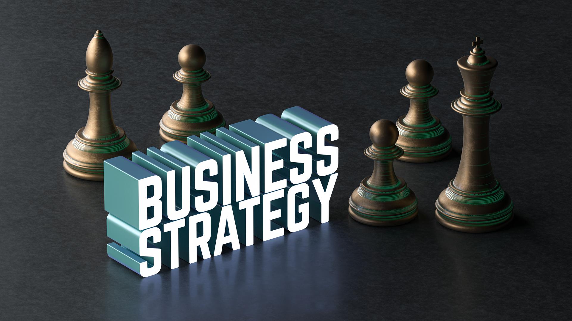 3D "Business Strategy" Text with Chess Pieces, 3D Rendering