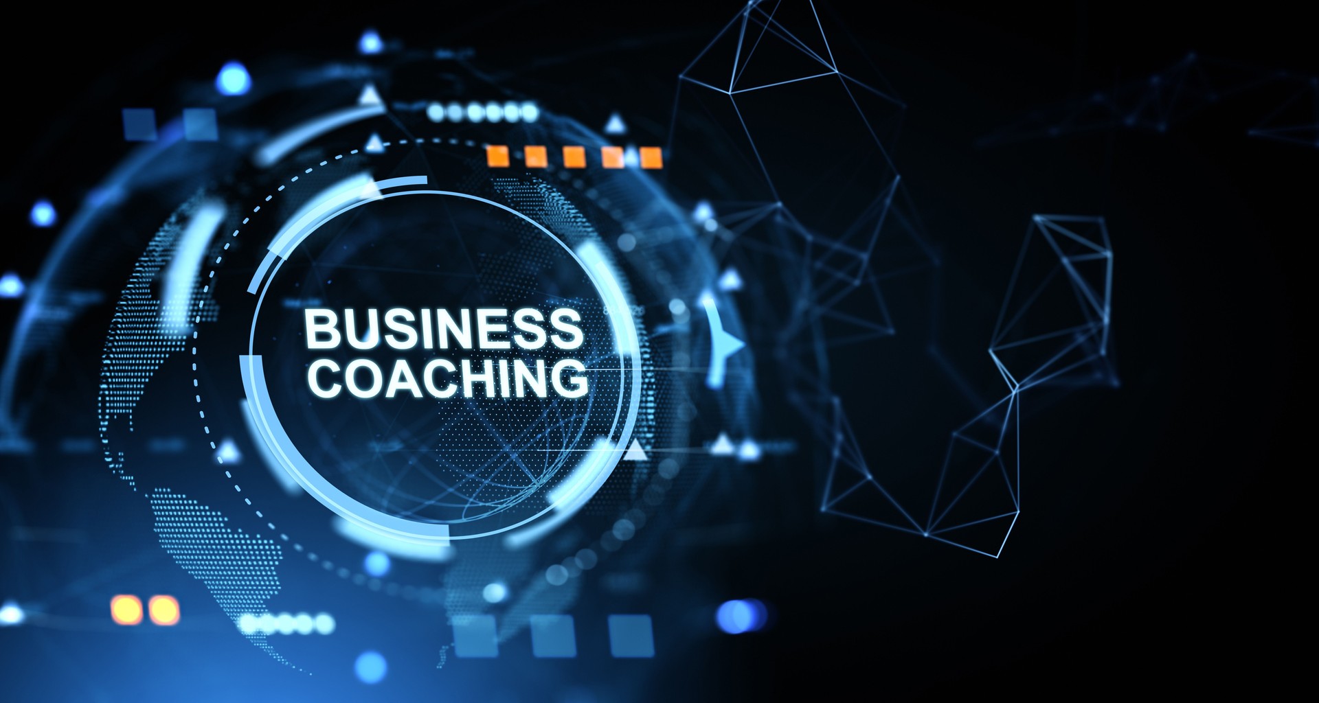 Futuristic business coaching concept with glowing digital interface and network lines on dark blue background, representing innovation and technology. 3D Rendering